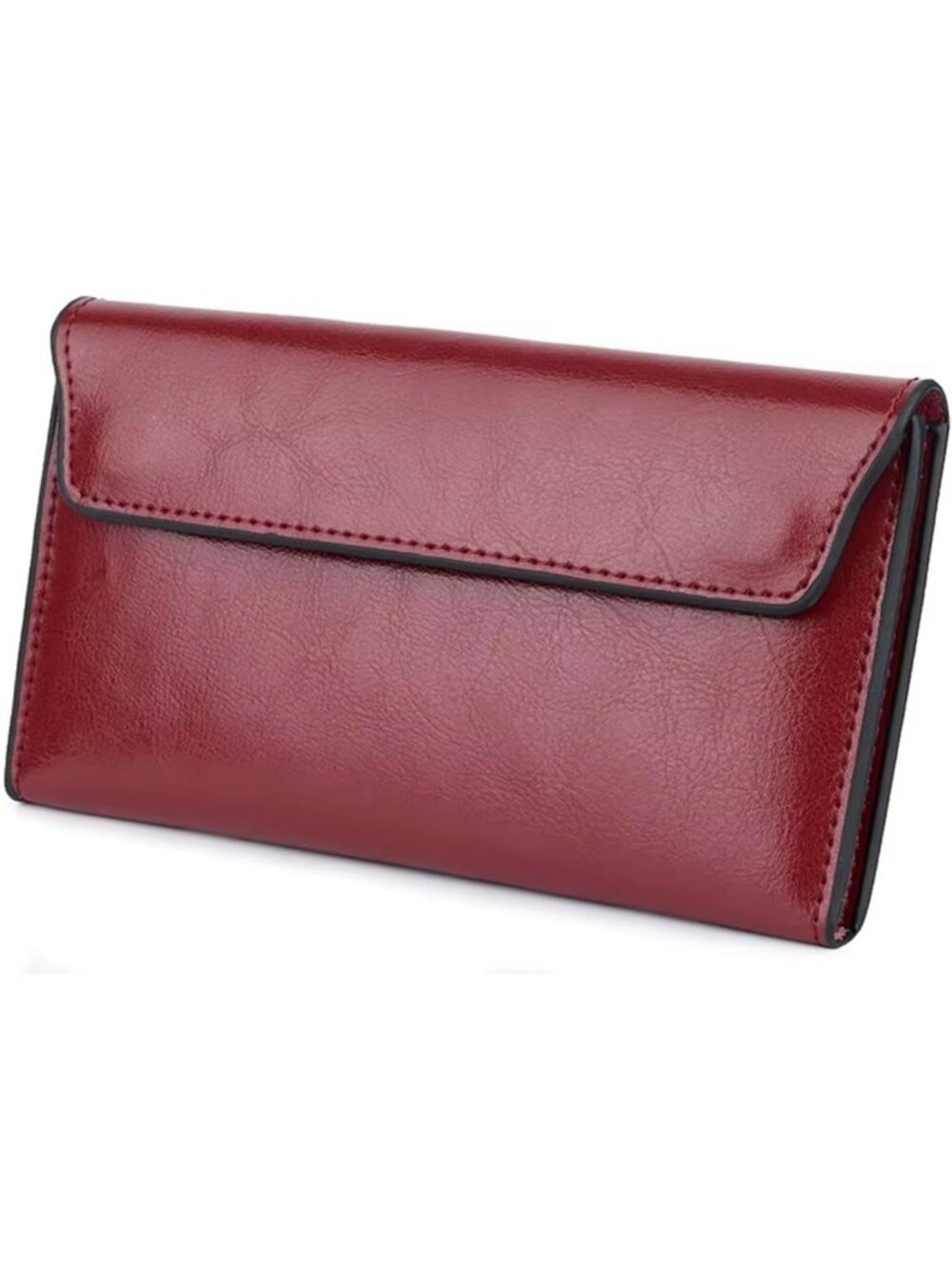 Genuine Leather Slim Envelope Wallet with Card Holder & Phone Clutch - Wine Red